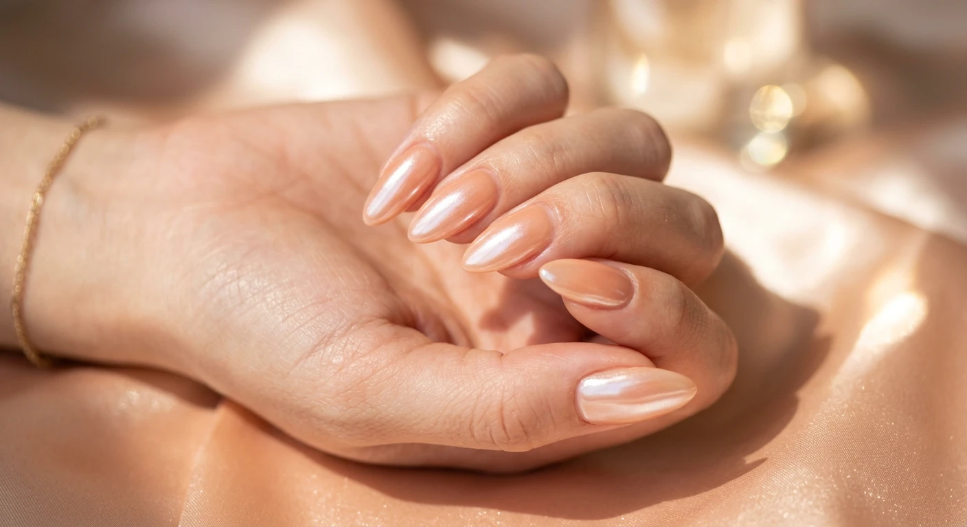 A beautiful macro photograph of one hand showcasing a nail design in detail, featuring medium-length almond shape nails. The manicure features a soft, warm, semi-sheer peach gel base deeply burnished with a fine, pearlescent white chrome powder to create an incredibly luminous, frosty, glass-like glazed donut sheen. High-resolution, sharp focus on the nails. Set against an aesthetic, warm sunlit background with glossy silk draping and soft glowing light reflections. Modern, Instagram-worthy photography style, no faces visible, focus ONLY on the nails and hand., macro nail photography, high quality, Instagram-worthy, clean composition