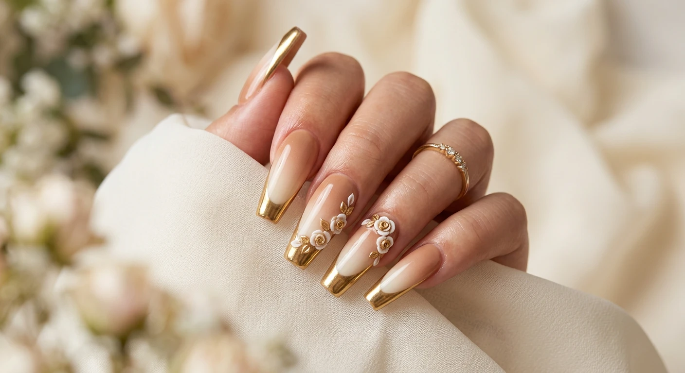 A beautiful macro photograph of one hand showcasing long coffin nails with a flawless ombre gradient, fading from a warm, soft tan at the cuticle into a creamy ivory tip, accented by deep, dramatic liquid chrome gold French tips and intricate 3D roses. High-resolution, sharp focus on the nails, set against an aesthetic background of soft bokeh and ivory chiffon. Modern, Instagram-worthy photography style. No faces visible, focus ONLY on the nails and hand., macro nail photography, high quality, Instagram-worthy, clean composition