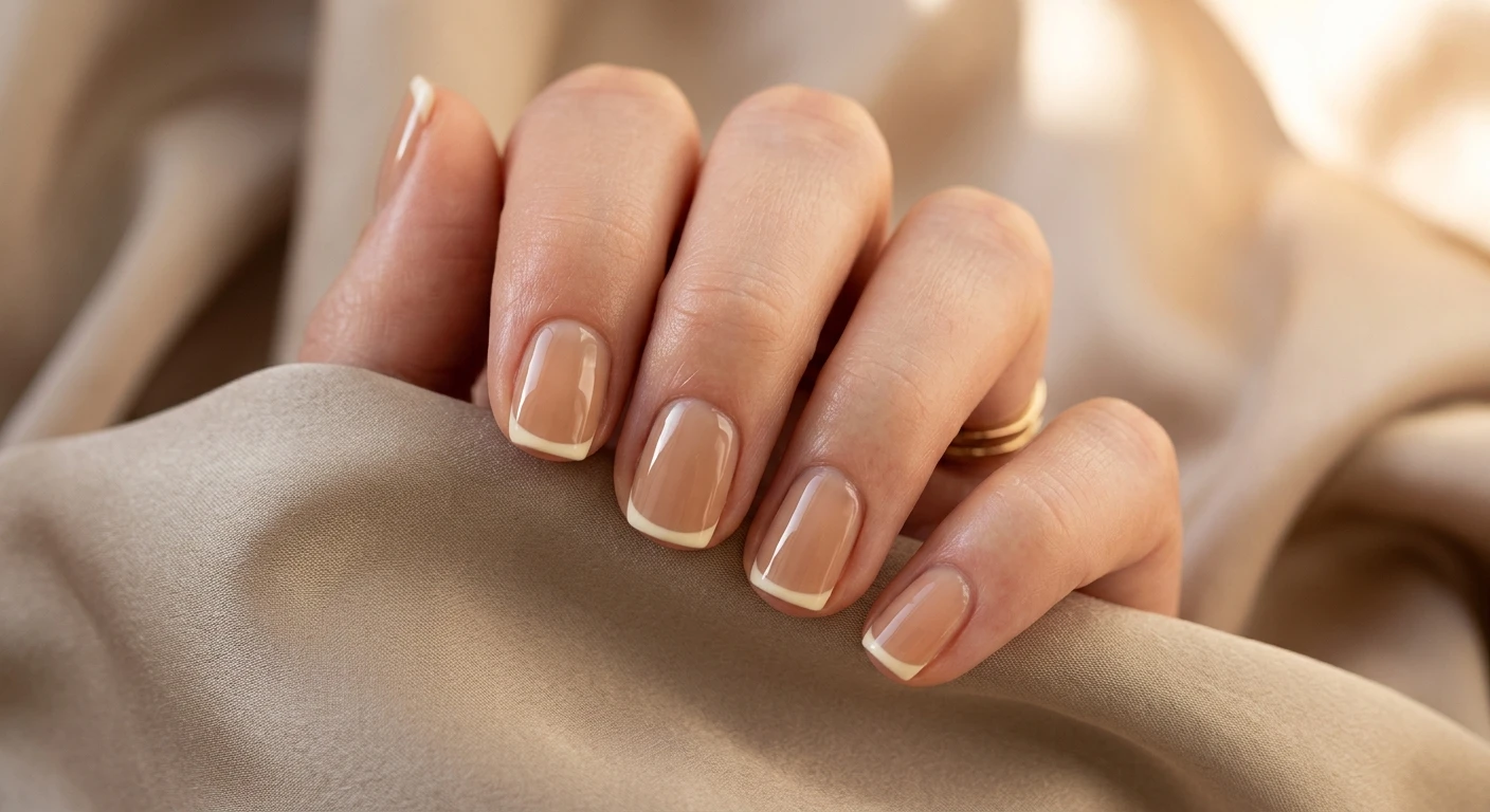 A beautiful macro photograph of one hand showcasing short, perfectly manicured squoval nails in detail. The minimalist design features a sheer, translucent tan base finished with a razor-thin, delicate line of creamy vanilla off-white polish at the tips, offering a flawless, glossy finish. High-resolution, sharp focus on the nails. Aesthetic background of draped neutral silk fabric and warm morning sunlight. Modern, Instagram-worthy photography style. No faces visible, focus ONLY on the nails and hand., macro nail photography, high quality, Instagram-worthy, clean composition