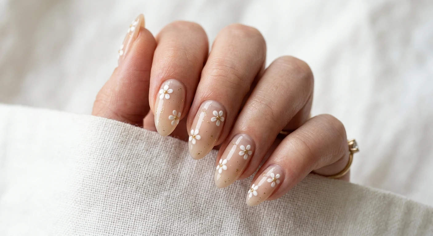 A beautiful macro photograph of one hand showcasing a stunning nail design, high-resolution, sharp focus on the nails. The nails have a glassy, translucent light beige base showcasing the natural half-moon. Tiny, raised five-petal flowers in bright ivory white are dotted sparingly and randomly across every single nail. Minuscule, refined gold glitter speckles act as the sparkling center of each flower and float lightly across the nail bed. The hand is gently resting on an aesthetic minimal white linen background bathed in soft natural sunlight. Modern, Instagram-worthy photography style, no faces visible, focus strictly on the nails and hand., macro nail photography, high quality, Instagram-worthy, clean composition