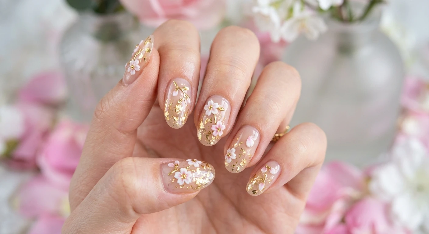 A beautiful macro photograph of one hand showcasing sheer beige glass nails embedded with shimmering gold flakes and adorned with delicate 3D cherry blossoms. High-resolution, sharp focus on the nails. The aesthetic background features softly blurred pink floral petals and frosted glass textures. Modern, Instagram-worthy photography style, crisp bright lighting. No faces visible, focus ONLY on the nails and hand., macro nail photography, high quality, Instagram-worthy, clean composition