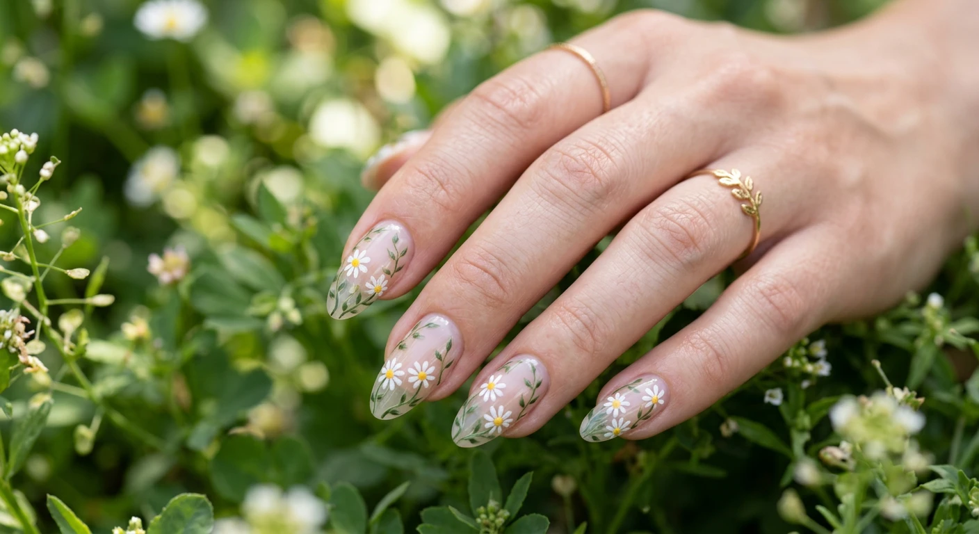 A beautiful macro photograph of one hand showcasing a negative space botanical garden nail design in detail. High-resolution, sharp focus on the nails, featuring clear, ultra-glossy negative space bases adorned with intricate, hand-painted botanical daisies and delicate green stems creeping naturally up the edges. Aesthetic background of softly blurred rich green foliage and dappled natural light. Modern, Instagram-worthy photography style, no faces visible, focus ONLY on the nails and hand., macro nail photography, high quality, Instagram-worthy, clean composition
