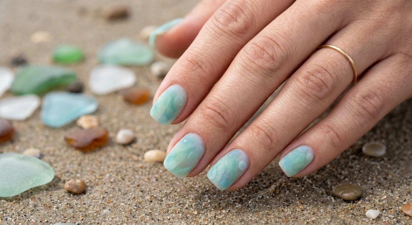 A beautiful macro photograph of one hand showcasing short, rounded square nails with 3D Sea Glass Jelly designs. The polish is a softly marbled blend of sheer seafoam green and soft aqua blue with a cloudy, watery depth, finished with a matte topcoat to perfectly mimic frosted, tumbled ocean sea glass. High-resolution, sharp focus on the nails. Aesthetic background of smooth wet sand and scattered pastel sea glass pieces. Modern, Instagram-worthy photography style. No faces visible, focus ONLY on the nails and hand., macro nail photography, high quality, Instagram-worthy, clean composition
