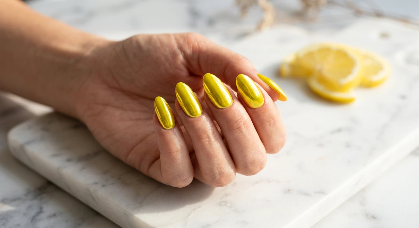 A beautiful macro photograph of one hand showcasing a zesty lemon drop chrome manicure, featuring an ultra-reflective, glowing bright yellow polish with a futuristic, metallic finish. High-resolution, sharp focus on the nails. The aesthetic background is a chic, sun-drenched white marble surface that enhances the metallic shine. Modern, Instagram-worthy photography style. No faces visible, focus ONLY on the nails and hand., macro nail photography, high quality, Instagram-worthy, clean composition