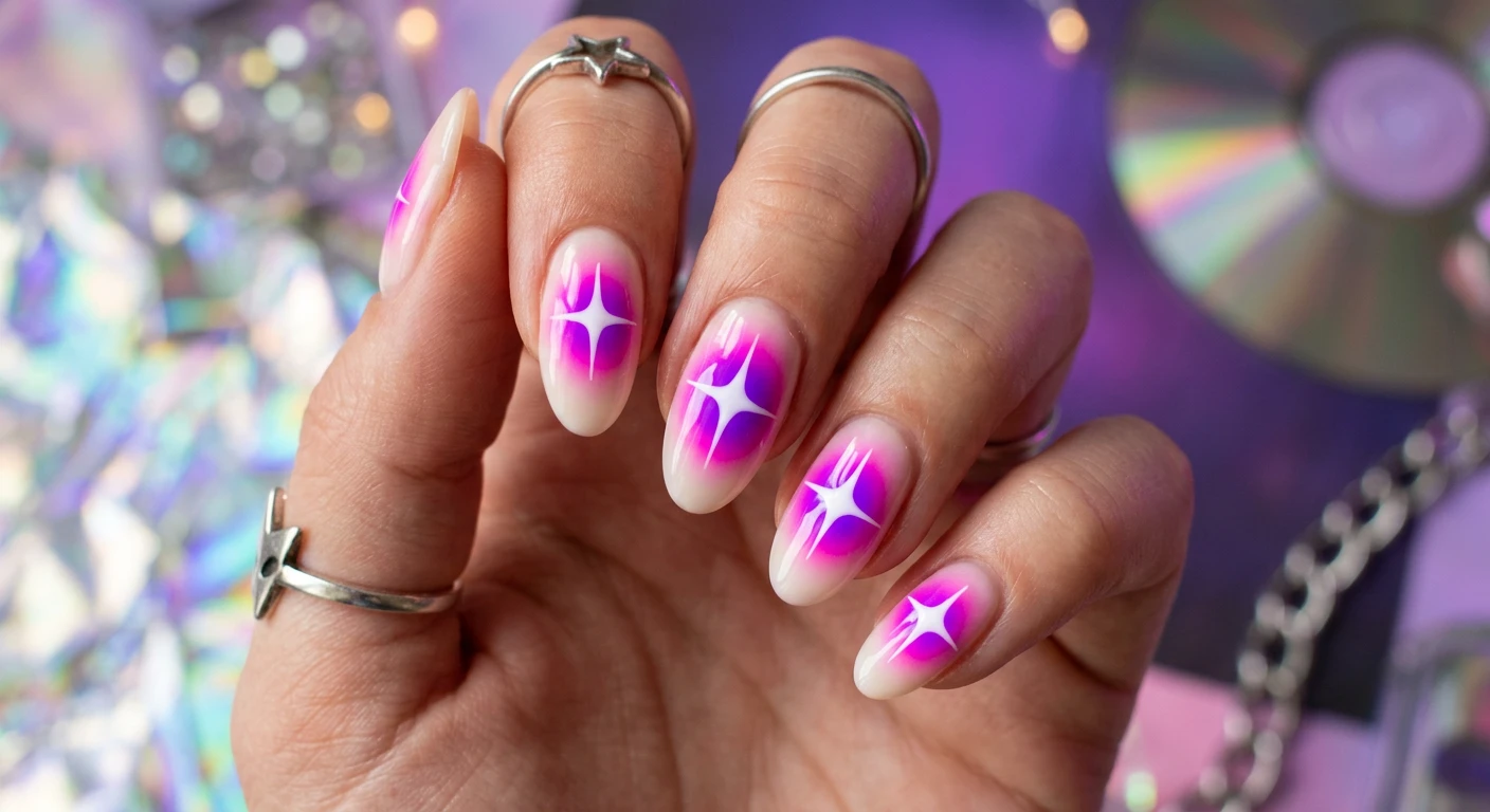 A beautiful macro photograph of one hand showcasing a Y2K Starburst Alien Aura nail design in detail. The nails display a soft cream base that seamlessly fades into a bright magenta and electric purple aura in the direct center, topped with crisp, opaque white hand-painted four-point starbursts that radiate a neon violet and hot pink glow. High-resolution, sharp focus on the nails. The aesthetic background features nostalgic Y2K elements like blurred holographic textures and a moody purple backglow. Modern, Instagram-worthy photography style, no faces visible, focus ONLY on the nails and hand., macro nail photography, high quality, Instagram-worthy, clean composition