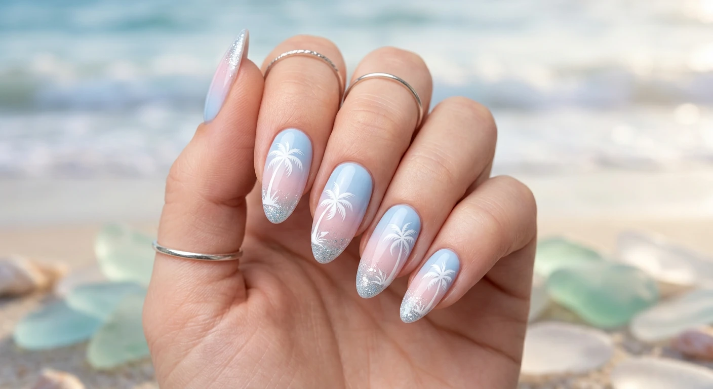 A beautiful macro photograph of one hand showcasing a detailed nail design on almond-shaped nails, featuring a soft pastel baby blue and blush pink ombre base, topped with delicate white palm tree silhouettes and subtle silver glitter accents at the tips representing ocean spray, sealed with a glossy top coat. High-resolution, sharp focus on the nails. Aesthetic soft-focus background of gentle pastel ocean waves and sea glass. Modern, Instagram-worthy photography style. No faces visible, focus ONLY on the nails and hand., macro nail photography, high quality, Instagram-worthy, clean composition