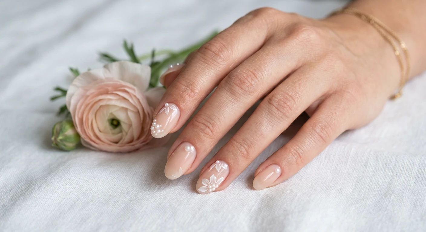 A beautiful macro photograph of one hand showcasing a minimalist pearl and petal nail design in detail. The nails feature a pristine sheer blush-beige base, accented elegantly with tiny 3D micro-pearls and simplistic, fine-line white petals. High-resolution, sharp focus on the nails. Aesthetic background of clean white linen and resting beside a single delicate ranunculus flower. Modern, Instagram-worthy photography style. No faces visible, focus ONLY on the nails and hand., macro nail photography, high quality, Instagram-worthy, clean composition