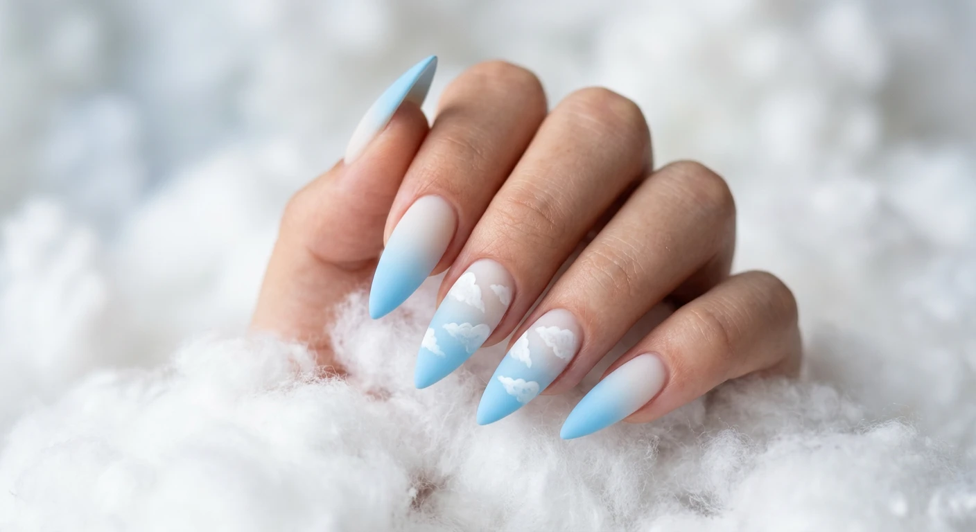 A beautiful macro photograph of one hand showcasing stiletto-shaped nails with a dreamy gradient ombré, starting with a milky cream base at the cuticle and fading seamlessly into a bright baby blue at the tips. The middle and ring fingers feature delicate, hand-painted fluffy white clouds. The nails have a velvety matte top coat finish. The aesthetic background consists of soft, diffused lighting and plush, cloud-like cotton textures. High-resolution, sharp focus on the nails, modern Instagram-worthy photography style, no faces visible., macro nail photography, high quality, Instagram-worthy, clean composition