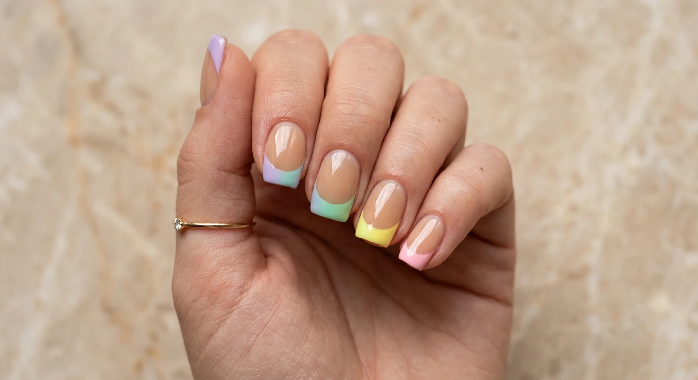 A beautiful macro photograph of one hand showcasing French Tip Rainbow Melt nail art. Short square nails feature a flawless, semi-sheer tan base color with a deep French smile line painted as a continuous pastel rainbow gradient flowing from one finger to the next, melting from soft lavender to seafoam green, soft lemon, and petal pink. High-resolution, sharp focus on the nails. Aesthetic minimalist background of clean, warm-toned beige marble. Modern, Instagram-worthy photography style. No faces visible, focus ONLY on the nails and hand., macro nail photography, high quality, Instagram-worthy, clean composition