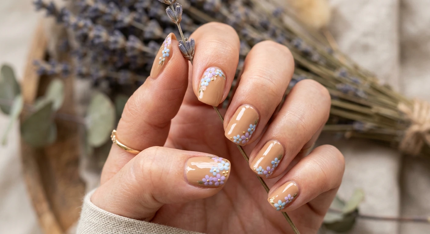 A beautiful macro photograph of one hand showcasing soft pastel corner floral nail art. High-resolution, sharp focus on the nails. The nails have a warm tan base color, detailed with tiny, hand-painted clusters of lavender and baby blue forget-me-nots nestled delicately into the bottom right and top left corners of alternating nails. The flowers feature tiny gold dots in their centers, sealed with a high-shine top coat. Aesthetic background with a blurred, dreamy arrangement of dried lavender sprigs. Modern, Instagram-worthy photography style. No faces visible, focus exclusively on the hand and nails., macro nail photography, high quality, Instagram-worthy, clean composition