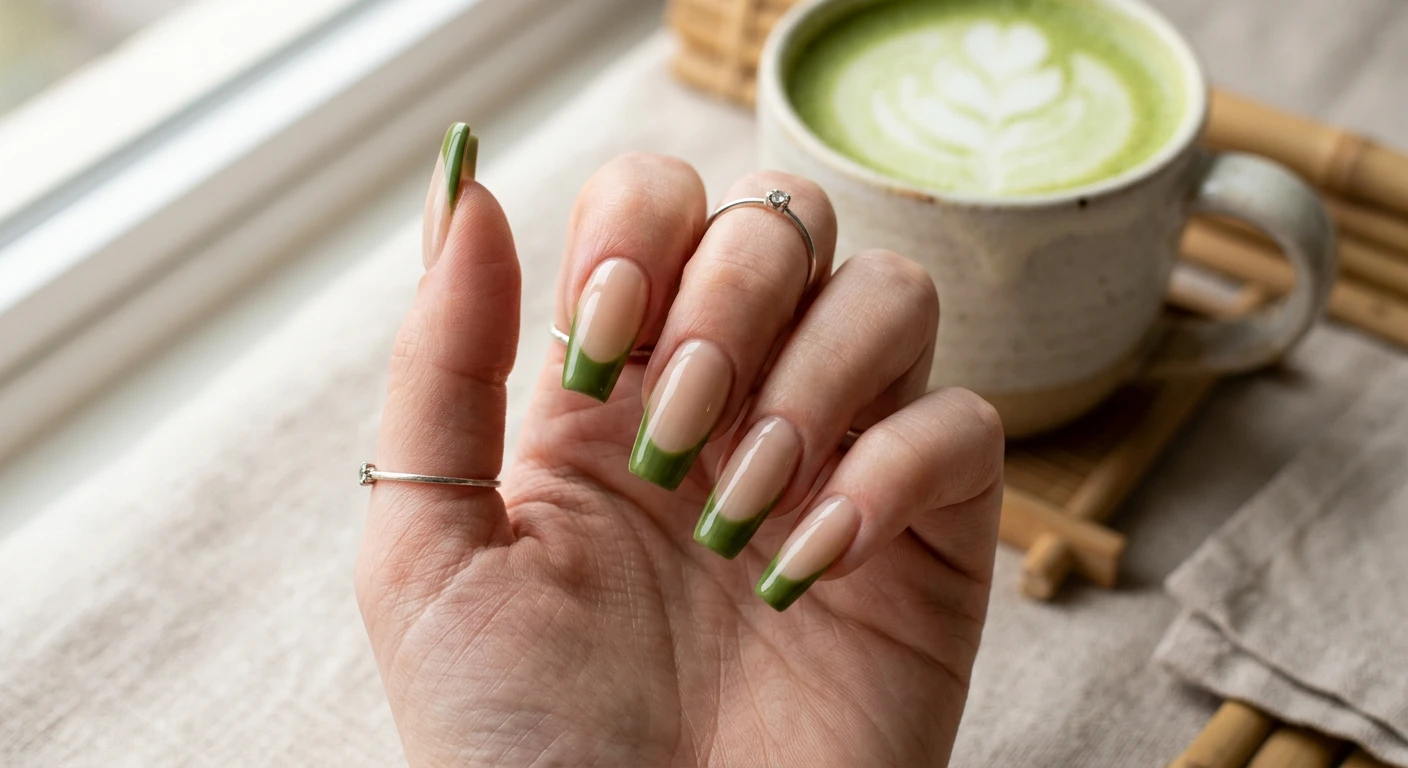 A beautiful macro photograph of one hand showcasing a nail design in detail, featuring long, tapered square shape nails. The manicure presents a flawless, semi-sheer sand-colored base with deep, beautifully curved French tips painted in a vibrant, creamy matcha green shade with perfect, crisp smile lines. High-resolution, sharp focus on the nails. Set against an aesthetic, minimalist background of soft morning light, a ceramic mug of frothy matcha, and subtle bamboo textures. Modern, Instagram-worthy photography style, no faces visible, focus ONLY on the nails and hand., macro nail photography, high quality, Instagram-worthy, clean composition