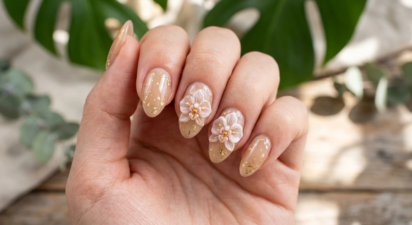 A beautiful macro photograph of one hand showcasing short-to-medium almond nails featuring a translucent, glass-like milky tan gel base with delicate gold foil embedded deep beneath a smooth clear layer, topped with elegantly sculpted 3D orchids. High-resolution, sharp focus on the nails, set against an aesthetic background of subtle, sunlit botanical shadows and warm neutral tones. Modern, Instagram-worthy photography style. No faces visible, focus ONLY on the nails and hand., macro nail photography, high quality, Instagram-worthy, clean composition