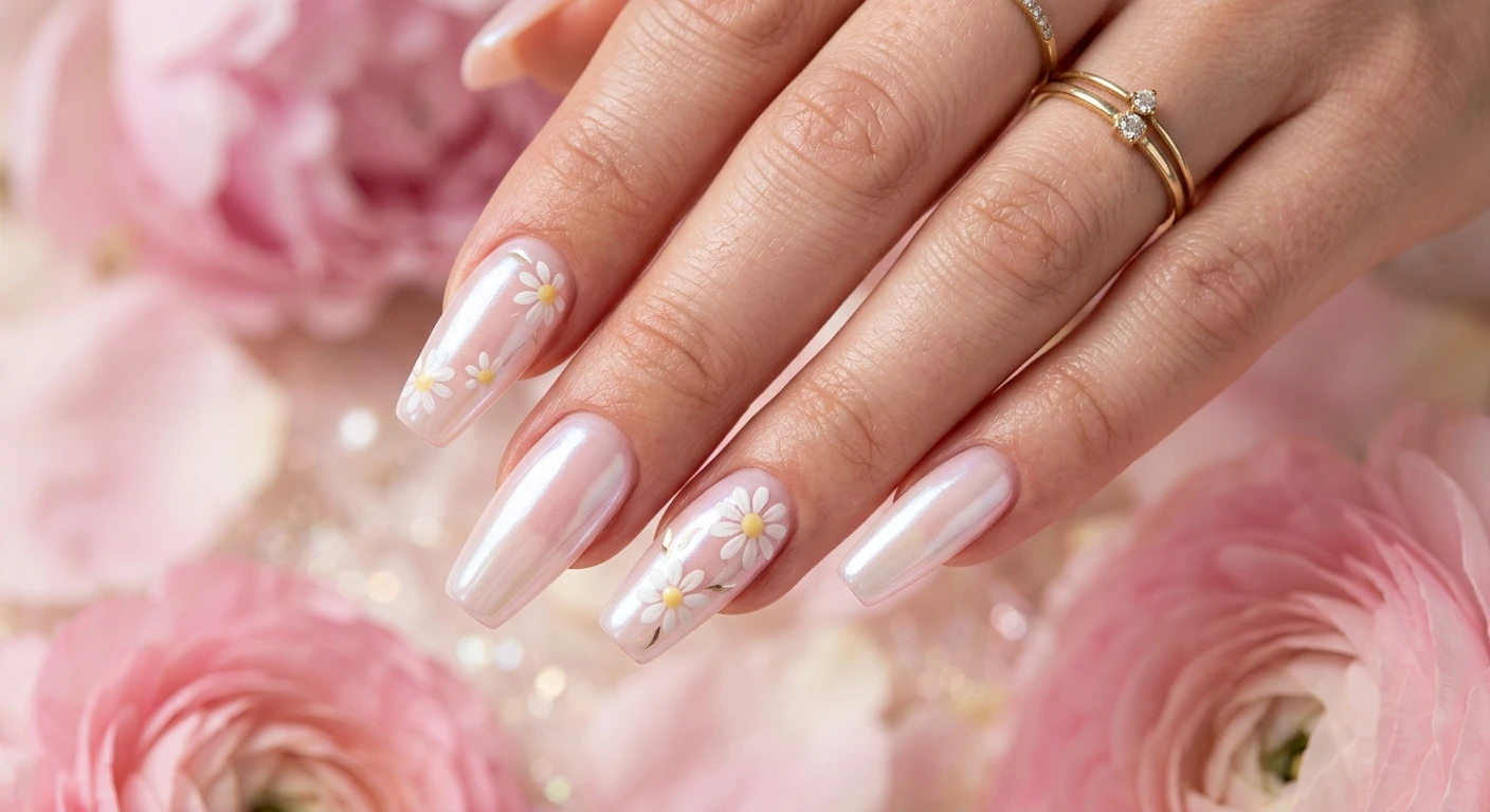 A beautiful macro photograph of one hand showcasing elegant coffin-shaped nails in detail. The design features a sheer baby pink base overlaid with a pearlescent white chrome powder for a glowing, glazed finish. Two accent nails display tiny, hand-painted daisies with delicate white petals and soft yellow centers. High-resolution, sharp focus on the nails. Aesthetic background of softly blurred baby pink petals and subtle pearlescent elements. Modern, Instagram-worthy photography style. No faces visible, focus ONLY on the nails and hand., macro nail photography, high quality, Instagram-worthy, clean composition