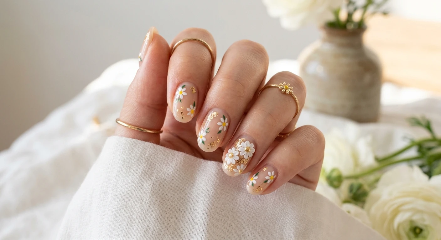 A beautiful macro photograph of one hand showcasing sheer beige nails decorated with delicate white 3D daisies and shimmering crushed gold details. High-resolution, sharp focus on the nails. The background is a bright, airy aesthetic with soft morning sunlight and faint shadows. Modern, Instagram-worthy photography style, no faces visible, focus ONLY on the nails and hand., macro nail photography, high quality, Instagram-worthy, clean composition