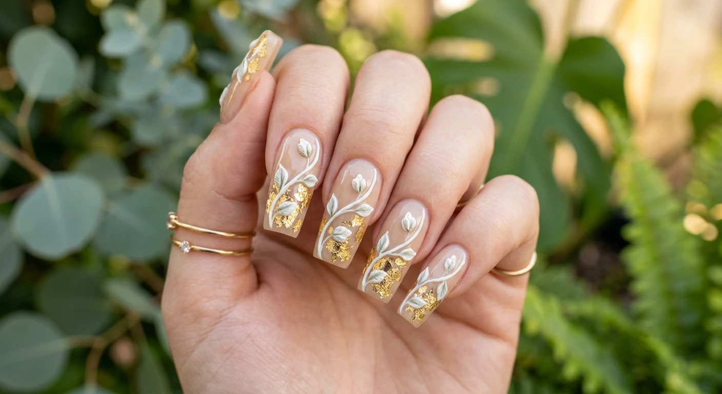 A beautiful macro photograph of one hand showcasing a stunning nail design, high-resolution, sharp focus on the nails. The nails boast a pale, translucent tan base with a flawless, glassy finish. Raised, twisting white vines with the faintest hint of sage green travel diagonally from the cuticle to the tip, sprouting small, unopened 3D floral buds. Irregular, chunky gold leaf speckles are beautifully embedded directly beneath the vines. The hand is posed against an aesthetic background of softly blurred botanical greenery and warm morning light. Modern, Instagram-worthy photography style, no faces visible, focus strictly on the nails and hand., macro nail photography, high quality, Instagram-worthy, clean composition