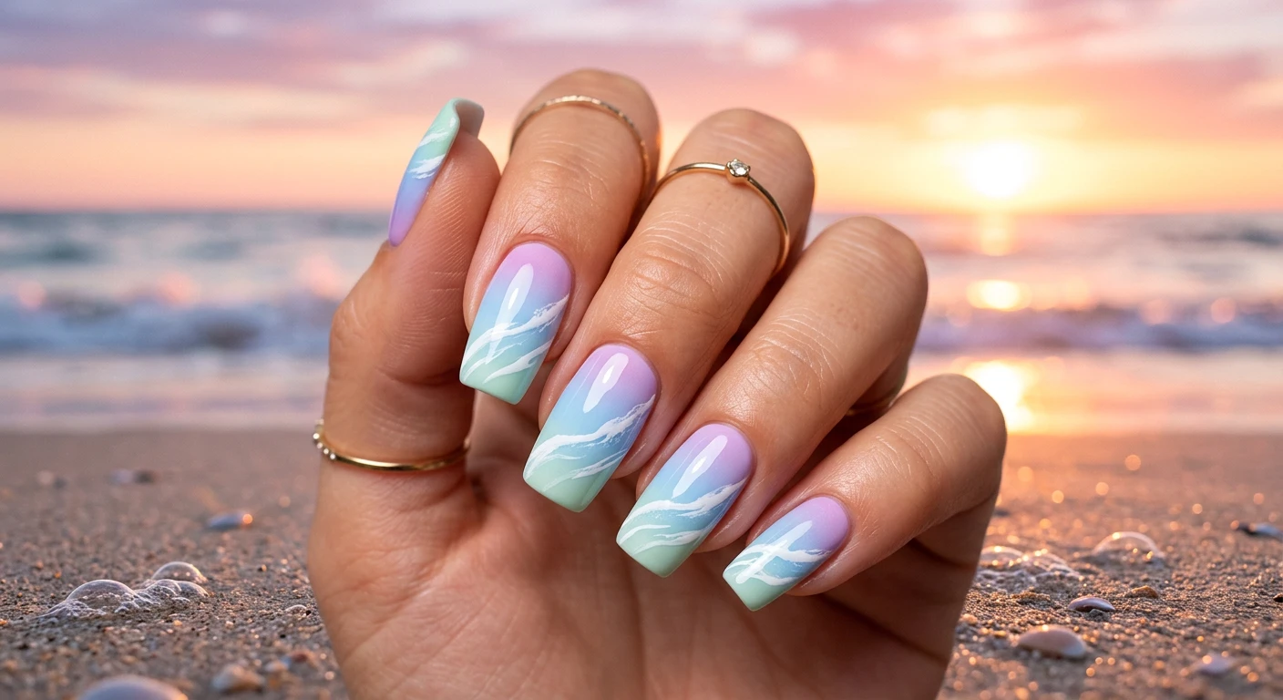 A beautiful macro photograph of one hand showcasing medium-length squoval nails with Pastel Gradient Ocean Waves. The nails feature a seamless airbrushed gradient transitioning from soft sunset lavender at the cuticle to baby blue, finishing with pale seafoam green at the tips, decorated with sweeping diagonal abstract white ocean waves. High-resolution, sharp focus on the nails. Aesthetic background of a glowing, soft pastel beach sunset. Modern, Instagram-worthy photography style. No faces visible, focus ONLY on the nails and hand., macro nail photography, high quality, Instagram-worthy, clean composition