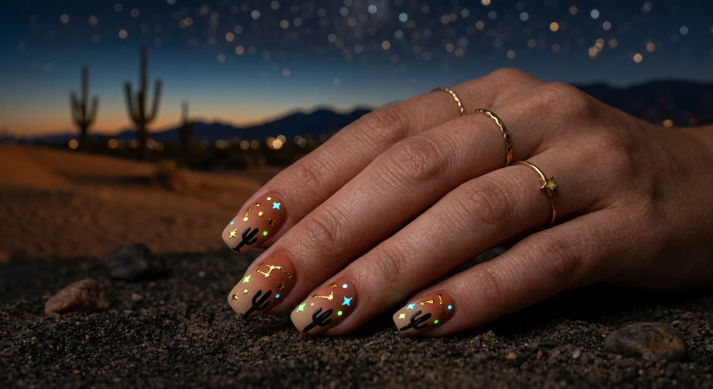 A beautiful macro photograph of one hand showcasing an Electric Desert Starlight nail design in detail. The nails boast a matte terracotta and sand-colored ombré base, decorated with metallic gold foil constellation dots, tiny hand-painted black cactus silhouettes, and hidden piercing lime green and icy blue glowing dots illuminating the dark. High-resolution, sharp focus on the nails. The aesthetic background is a dim, twilight desert landscape with warm-toned sand and subtle starlight bokeh. Modern, Instagram-worthy photography style, no faces visible, focus ONLY on the nails and hand., macro nail photography, high quality, Instagram-worthy, clean composition