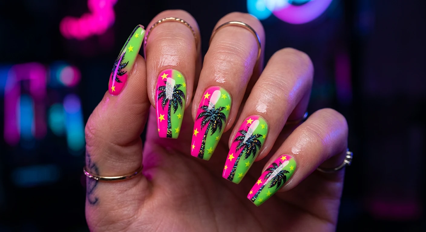 A beautiful macro photograph of one hand showcasing a detailed nail design on sharp coffin-shaped nails, featuring an electric neon pink and vibrant lime green split-color base, adorned with holographic black palm trees and tiny neon yellow stars, finished with a high-shine glossy top coat. High-resolution, sharp focus on the nails. Aesthetic dark background with moody, glowing neon light reflections. Modern, Instagram-worthy photography style. No faces visible, focus ONLY on the nails and hand., macro nail photography, high quality, Instagram-worthy, clean composition