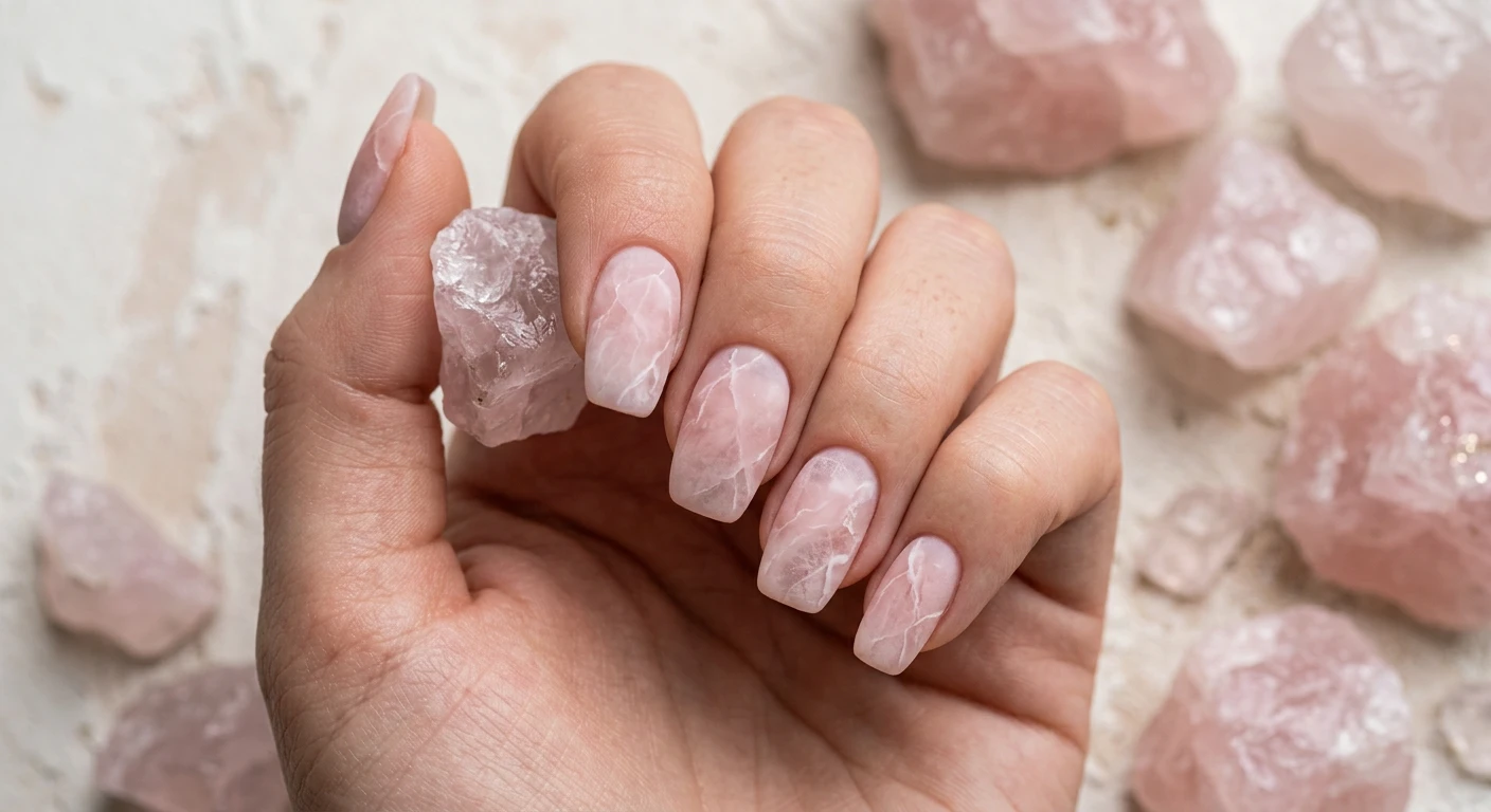 A beautiful macro photograph of one hand showcasing a velvet matte rose quartz nail design in detail. The nails mimic the look of natural rose quartz stone with soft, cloudy blush tones and fine white marble veining, entirely finished with a plush velvet-matte topcoat. High-resolution, sharp focus on the nails. Aesthetic background of scattered raw rose quartz crystals on a soft, neutral plaster texture. Modern, Instagram-worthy photography style. No faces visible, focus ONLY on the nails and hand., macro nail photography, high quality, Instagram-worthy, clean composition