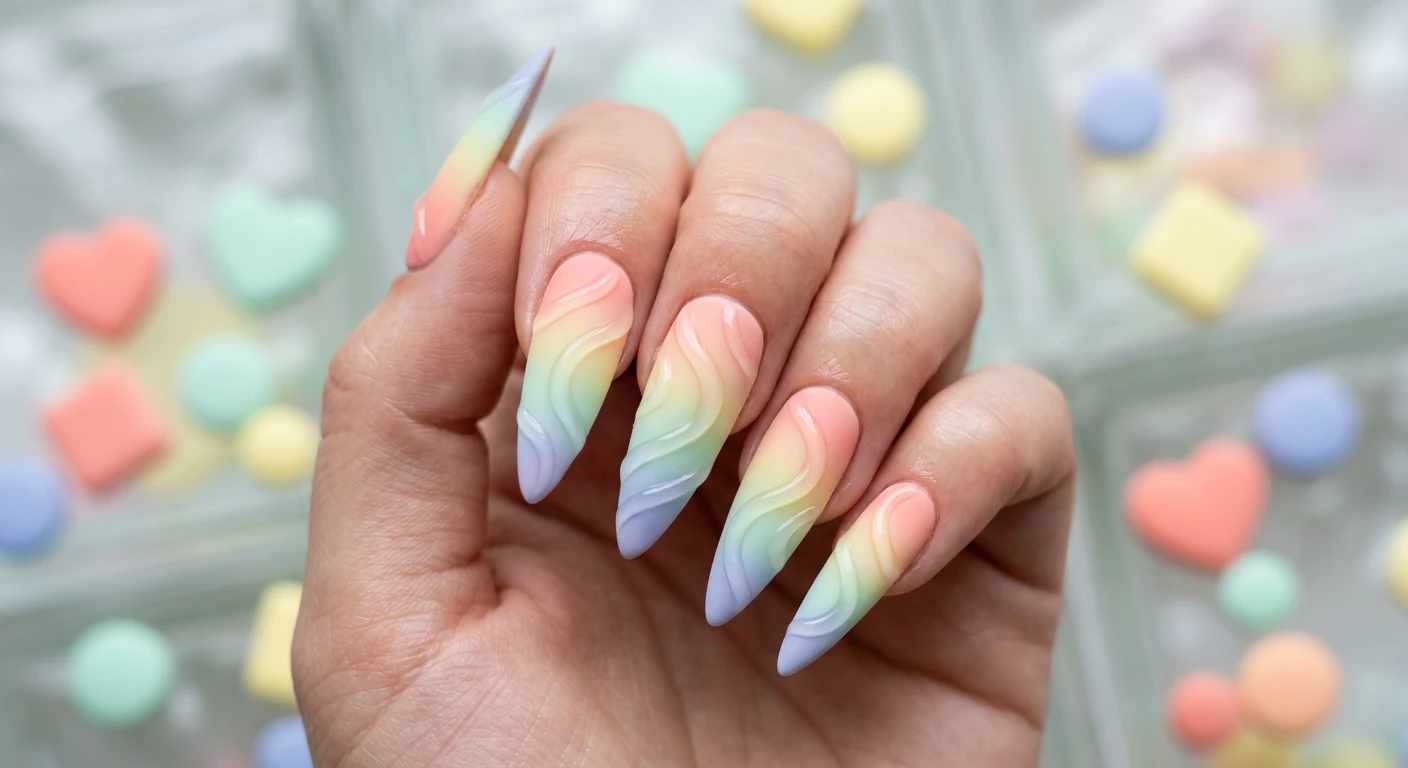 A beautiful macro photograph of one hand showcasing Sugared Candy Gradient Swirls nail art. Long stiletto nails feature a vertical pastel rainbow gradient blending soft coral, pale yellow, mint, and periwinkle, sealed with a velvety matte top coat. Thick, clear, glossy 3D gel swirls wrap organically across the matte surface. High-resolution, sharp focus on the nails. Aesthetic background featuring soft, frosted pastel glass blocks and scattered matte candy shapes. Modern, Instagram-worthy photography style. No faces visible, focus ONLY on the nails and hand., macro nail photography, high quality, Instagram-worthy, clean composition
