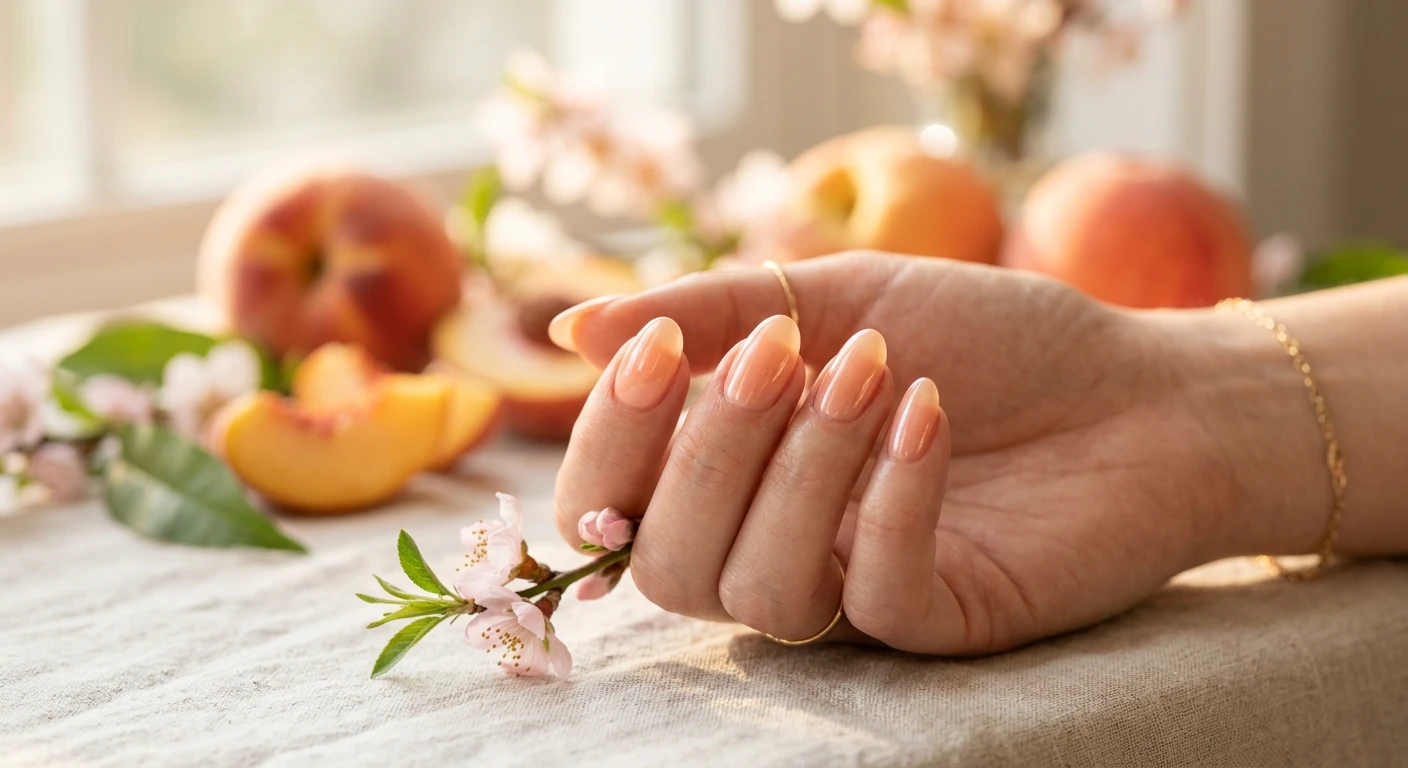 A beautiful macro photograph of one hand showcasing a Peach Sorbet Glazed Glass nail design. The nails boast a medium-length classic oval silhouette colored with a juicy, sheer peach and soft cream jelly polish, finished with a whisper-thin reflective glaze that mimics fresh fruit syrup. High-resolution, sharp focus on the nails. The aesthetic background is filled with warm, glowing spring sunlight and soft-focus fresh peaches. Modern, Instagram-worthy photography style. No faces visible, focus ONLY on the nails and hand., macro nail photography, high quality, Instagram-worthy, clean composition