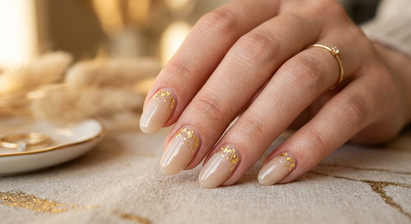 A beautiful macro photograph of one hand showcasing a medium oval nail design in sharp detail. The nails feature a translucent milky beige base delicately interspersed with scattered gold leaf flakes near the cuticles that fade softly upward, completely encapsulated in a thick, high-gloss top coat. High-resolution, modern Instagram-worthy photography style. Set against an aesthetic background featuring warm golden hour lighting and subtle, out-of-focus metallic gold accents. No faces visible, focus ONLY on the nails and hand., macro nail photography, high quality, Instagram-worthy, clean composition