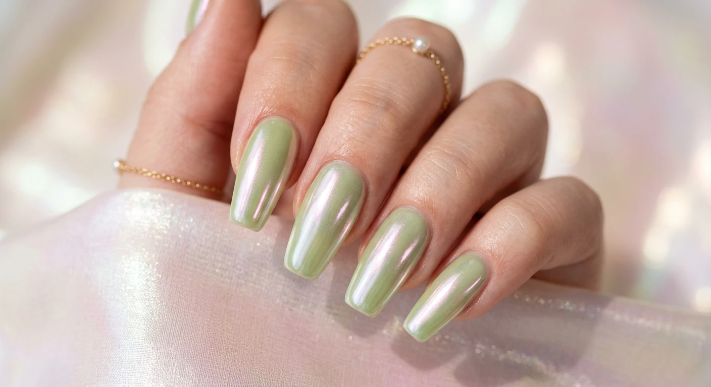A beautiful macro photograph of one hand showcasing medium-length coffin-shaped nails. The semi-translucent pistachio green base is coated in a fine, iridescent pearl chrome powder, creating a highly reflective, metallic glazed-donut finish that shifts pink and silver where the light hits. High-resolution, sharp focus on the shiny nails. The hand rests against an aesthetic, softly glowing pearlescent background that complements the iridescent color shift. Modern, Instagram-worthy photography style, no faces visible, ultimate focus on the luminescent nail texture., macro nail photography, high quality, Instagram-worthy, clean composition