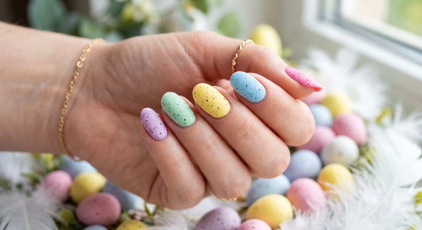 A beautiful macro photograph of one hand showcasing a pastel rainbow skittle nail design, with each nail painted a different Easter candy color (pink, yellow, blue, mint, lilac) and topped with a matte speckled eggshell finish. High-resolution, sharp focus on the nails. The background is a soft-focus aesthetic arrangement of pastel chocolate mini eggs and fluffy white feathers. Modern, Instagram-worthy photography style, vibrant and cheerful lighting. No faces visible, focus ONLY on the nails and hand., macro nail photography, high quality, Instagram-worthy, clean composition