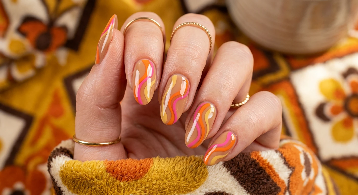 A beautiful macro photograph of one hand showcasing a nail design in detail, featuring classic, medium-length oval shape nails. The manicure starts with a sheer, high-gloss tan base coat, layered with dynamic, thick and thin abstract wavy lines dancing vertically in a vibrant, 1970s-inspired palette of tangerine orange, hot pink, and creamy mustard yellow. High-resolution, sharp focus on the nails. Set against an aesthetic background of retro-patterned textiles and warm, nostalgic lighting. Modern, Instagram-worthy photography style, no faces visible, focus ONLY on the nails and hand., macro nail photography, high quality, Instagram-worthy, clean composition