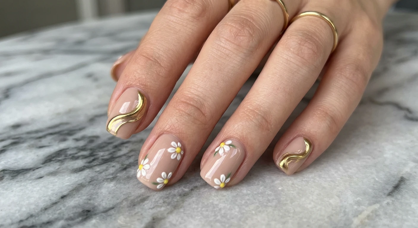 A beautiful macro photograph of one hand showcasing neat, elegant short squoval nails with a highly opaque, glossy neutral blush-beige foundation. The index and pinky fingers are accented with sweeping, raised 3D liquid chrome gold swirls, while the middle and ring fingers are adorned with delicate 3D micro daisies. High-resolution, sharp focus on the nails, set against an aesthetic background of sleek, modern neutral marble. Modern, Instagram-worthy photography style. No faces visible, focus ONLY on the nails and hand., macro nail photography, high quality, Instagram-worthy, clean composition