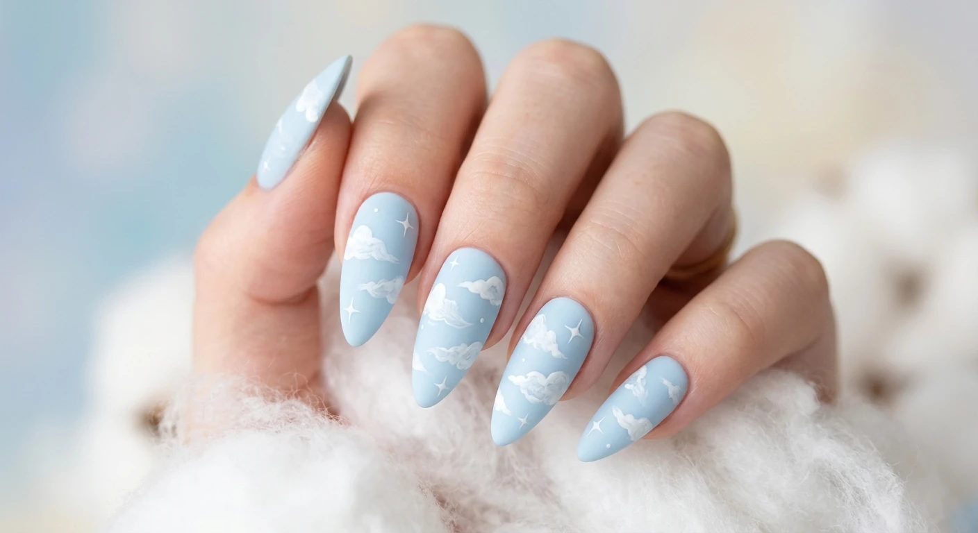 A beautiful macro photograph of one hand showcasing long, tapered almond nails in detail. The design features a light, airy pastel sky blue base with delicate, wispy hand-painted white clouds and tiny, minimalist four-point stars on alternating nails, all topped with a velvety matte finish. High-resolution, sharp focus on the nails. Aesthetic background of soft white cotton fluff and a dreamy pastel blue gradient. Modern, Instagram-worthy photography style. No faces visible, focus ONLY on the nails and hand., macro nail photography, high quality, Instagram-worthy, clean composition