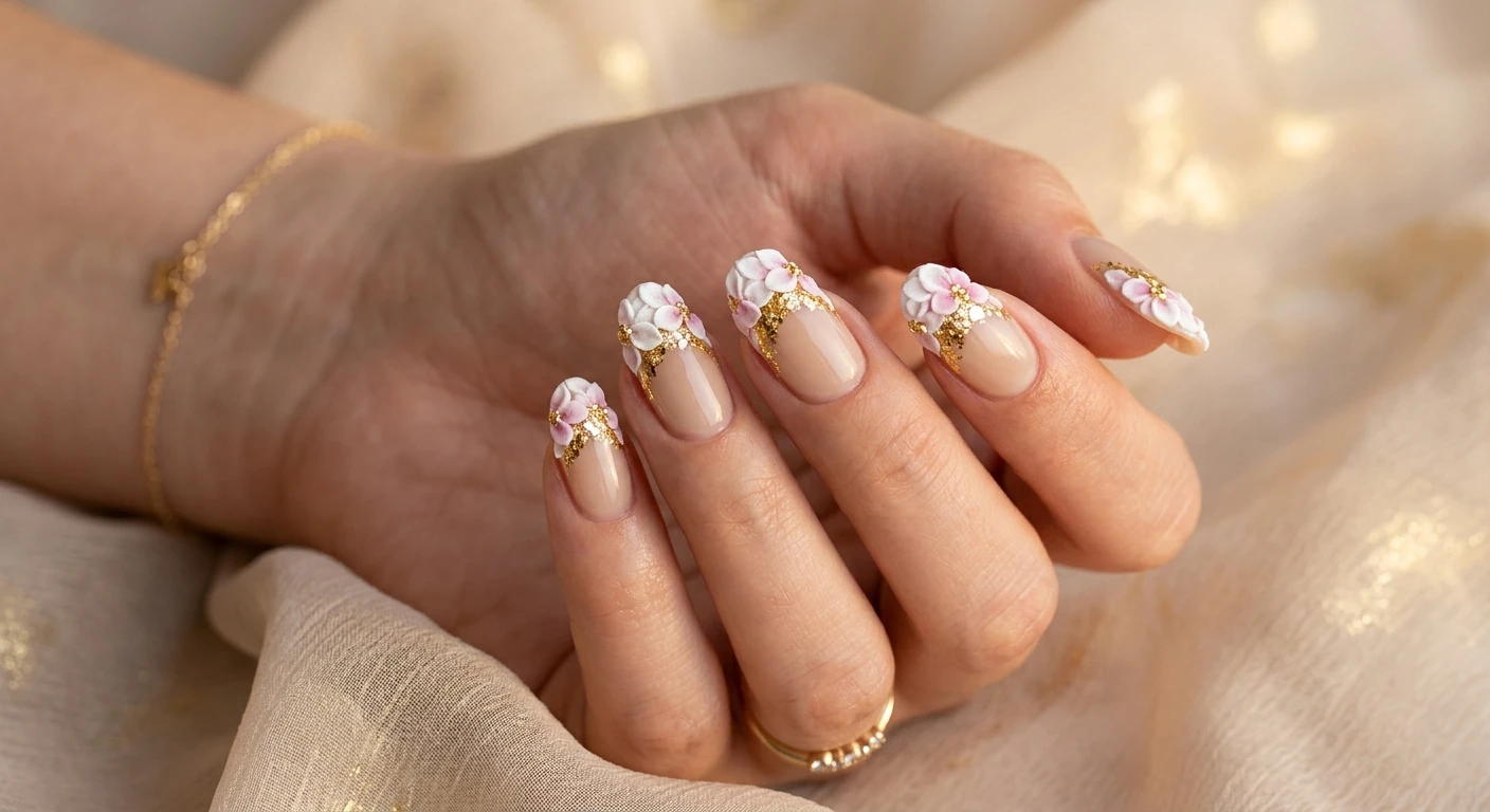 A beautiful macro photograph of one hand showcasing a stunning nail design, high-resolution, sharp focus on the nails. The nails display a flawless sheer neutral beige base that perfects the natural nail bed. The tip of each nail features heavily raised, overlapping white and soft pink flower petals that perfectly mimic a deep French smile line, with a heavy, dense concentration of crushed gold speckles tightly nestled between the petals. The hand is posed gracefully over an aesthetic background of softly draped beige chiffon with subtle golden glowing light. Modern, Instagram-worthy photography style, no faces visible, focus strictly on the nails and hand., macro nail photography, high quality, Instagram-worthy, clean composition