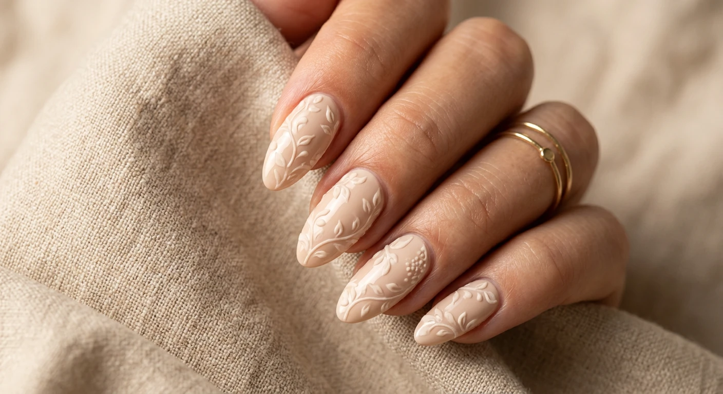 A beautiful macro photograph of one hand showcasing tone-on-tone cream vine nail art. High-resolution, sharp focus on the nails. The nails feature a light sand base color layered with intricate, raised cream-colored floral vines and leaves, creating a subtle 3D embossed effect. The tonal difference is extremely minimal, creating an elegant, monochromatic look sealed with a smooth glossy finish. Aesthetic background composed of soft, warmly lit textured beige linen. Modern, Instagram-worthy photography style. No faces visible, focus exclusively on the hand and nails., macro nail photography, high quality, Instagram-worthy, clean composition