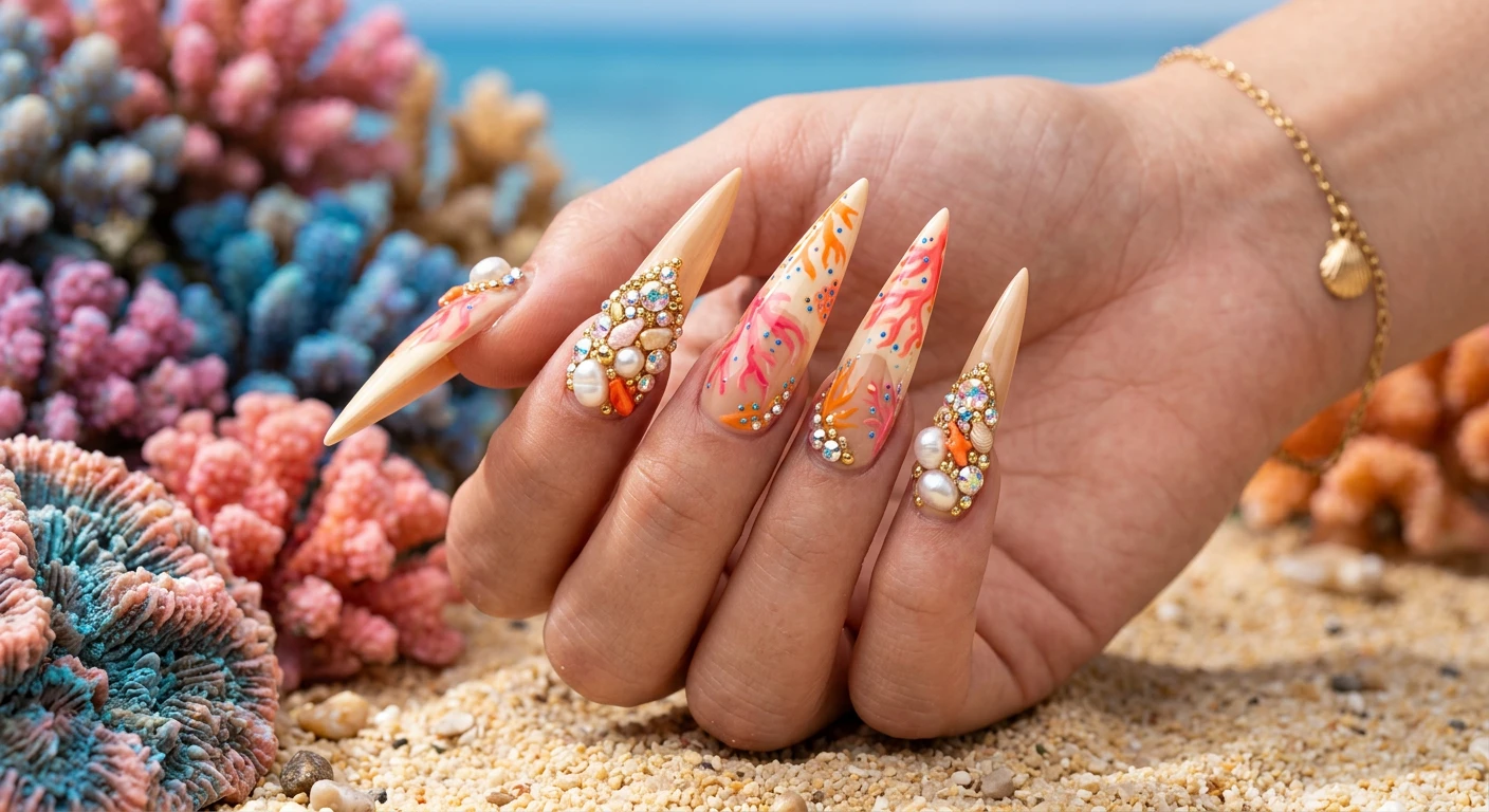 A beautiful macro photograph of one hand showcasing extra-long stiletto nails with a Coral Reef Rhinestone Extravaganza. The base is a warm cream and sand-toned neutral, decorated with swirling, hand-painted vibrant coral pink and bright tangerine orange reef patterns, with the index and pinky cuticles heavily encrusted in clusters of rhinestones and authentic freshwater pearls. High-resolution, sharp focus on the nails. Aesthetic background of tropical coral textures and fine golden sand. Modern, Instagram-worthy photography style. No faces visible, focus ONLY on the nails and hand., macro nail photography, high quality, Instagram-worthy, clean composition