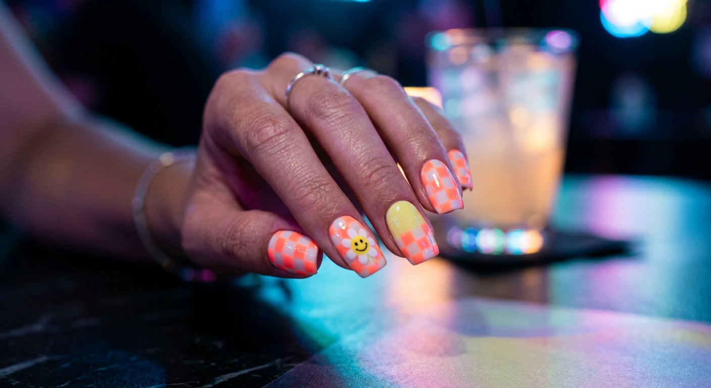 A beautiful macro photograph of one hand showcasing a Pastel Neon Checkerboard Illusion nail design in detail. The nails feature a meticulously hand-painted checkerboard alternating between milky white and a pastel coral that emits a blazing, high-visibility neon orange glow, with accent nails displaying delicate, smiling yellow daisy faces in the center. High-resolution, sharp focus on the nails. The aesthetic background is a stylized low-light environment with soft pastel shadows and neon club-light reflections. Modern, Instagram-worthy photography style, no faces visible, focus ONLY on the nails and hand., macro nail photography, high quality, Instagram-worthy, clean composition
