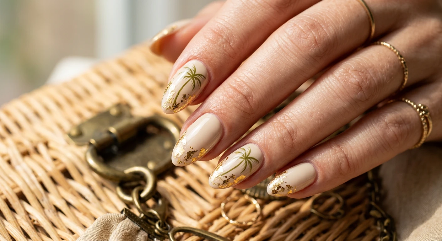 A beautiful macro photograph of one hand showcasing a detailed nail design, featuring a creamy beige base with metallic gold foil flakes irregularly scattered near the tips, and thin, minimalist olive green palm tree outlines on alternating accent nails, finished with a high-gloss gel top coat. High-resolution, sharp focus on the nails. Aesthetic vintage background featuring warm sunlit rattan textures and antique brass elements. Modern, Instagram-worthy photography style. No faces visible, focus ONLY on the nails and hand., macro nail photography, high quality, Instagram-worthy, clean composition
