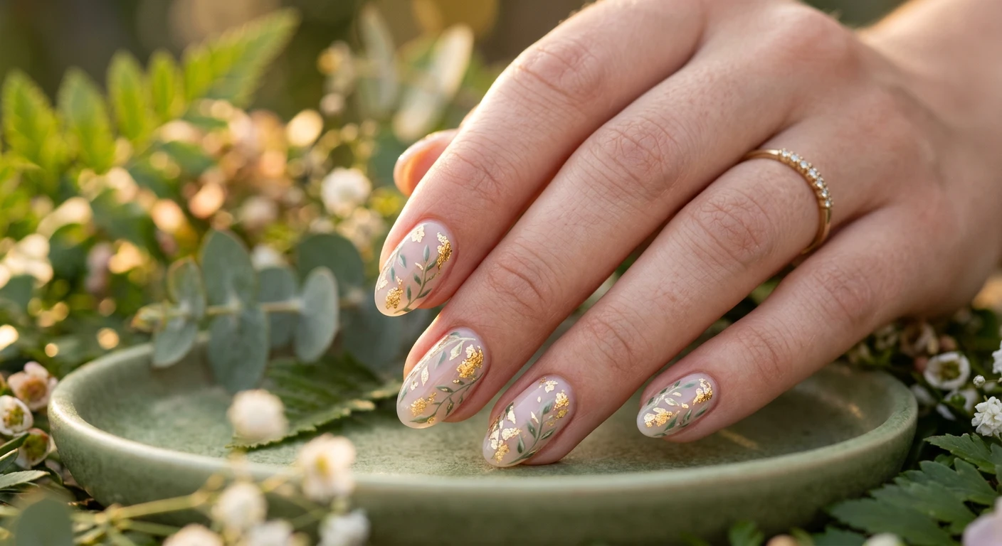 A beautiful macro photograph of one hand showcasing a botanical gold leaf garden nail design in detail. The nails feature a milky soft blush base decorated with hand-painted, tiny sage green botanical vines and luxurious, reflective gold leaf flakes delicately pressed into the design. High-resolution, sharp focus on the nails. Aesthetic background of blurred, lush spring foliage illuminated by warm golden hour lighting. Modern, Instagram-worthy photography style. No faces visible, focus ONLY on the nails and hand., macro nail photography, high quality, Instagram-worthy, clean composition