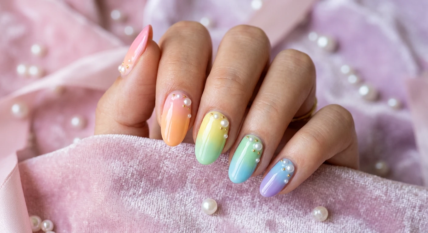A beautiful macro photograph of one hand showcasing Pearl-Adorned Skittle Gradient nail art. Medium oval nails feature a distinct two-tone pastel gradient melt on each finger: pink to orange, orange to yellow, yellow to green, green to blue, and blue to purple. Delicate pearl accents are scattered elegantly near the cuticles, cascading down one side of the nails. High-resolution, sharp focus on the nails. Aesthetic background of soft pastel velvet draped beautifully with loose pearls resting on the fabric. Modern, Instagram-worthy photography style. No faces visible, focus ONLY on the nails and hand., macro nail photography, high quality, Instagram-worthy, clean composition