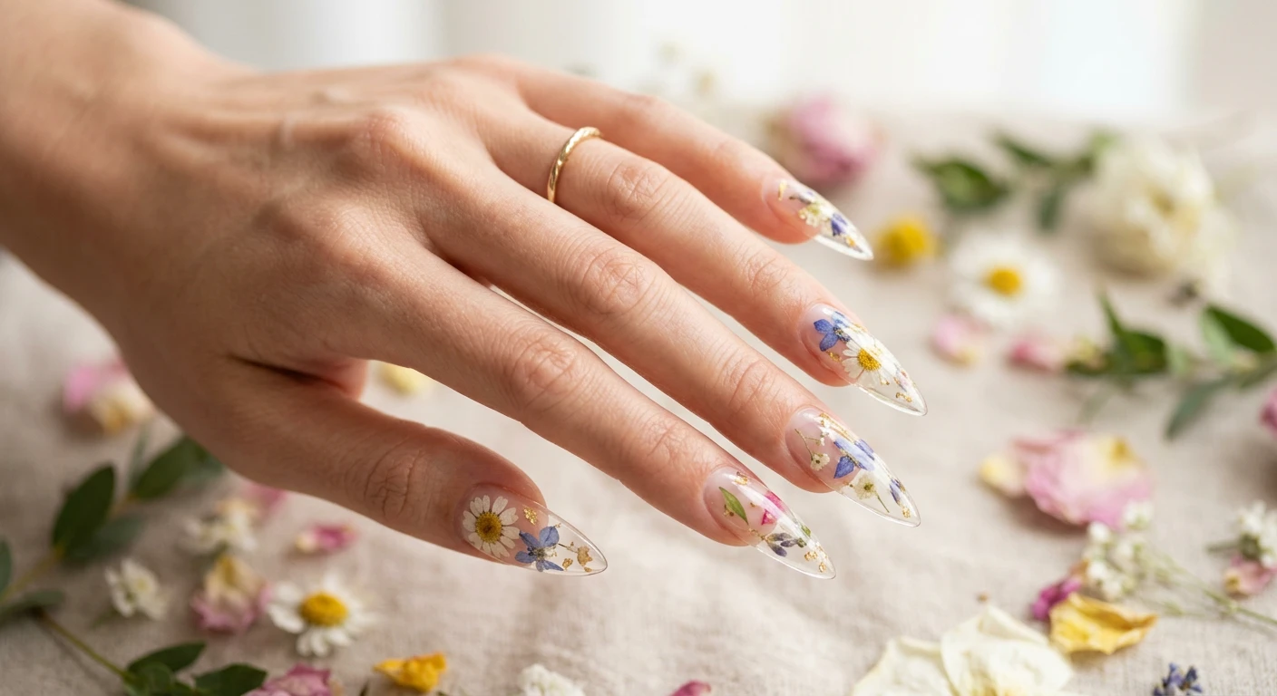 A beautiful macro photograph of one hand showcasing a Clear Crystal with Floral Suspensions nail design. The nails are styled in a long, sharp stiletto shape crafted from a highly structured, crystal-clear hard gel extension with absolutely no tint, featuring delicate, tiny dried spring flowers suspended perfectly inside the clear glass-like tips. High-resolution, sharp focus on the nails. Aesthetic background of soft diffused light and loose botanical petals. Modern, Instagram-worthy photography style. No faces visible, focus ONLY on the nails and hand., macro nail photography, high quality, Instagram-worthy, clean composition