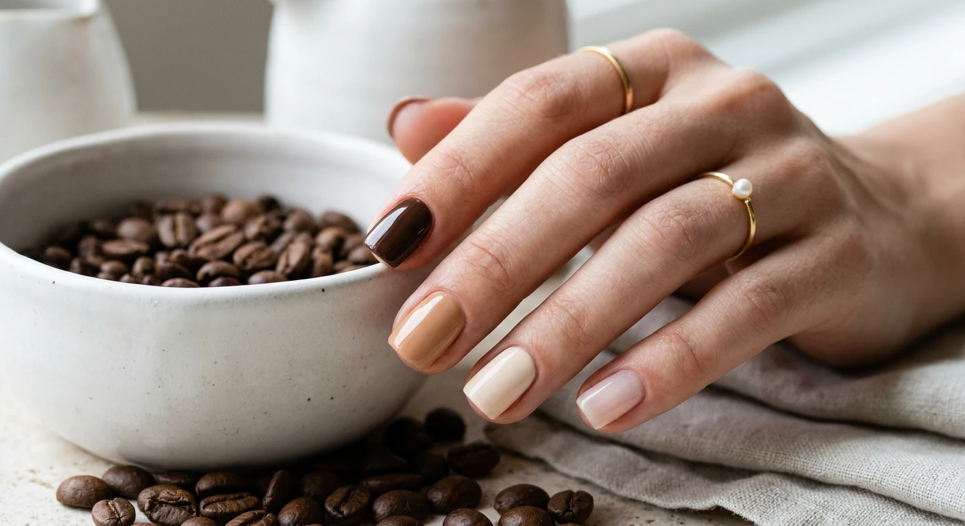 A beautiful macro photograph of one hand showcasing a short square nail design in sharp detail. The nails feature a mismatched neutral tonal palette, with each finger painted a distinct solid color from thumb to pinky: rich espresso brown, warm tan, classic medium beige, soft cream, and translucent sheer pearl. High-resolution, modern Instagram-worthy photography style. Set against an aesthetic minimalist background of smooth white ceramics and roasted coffee beans. No faces visible, focus ONLY on the nails and hand., macro nail photography, high quality, Instagram-worthy, clean composition