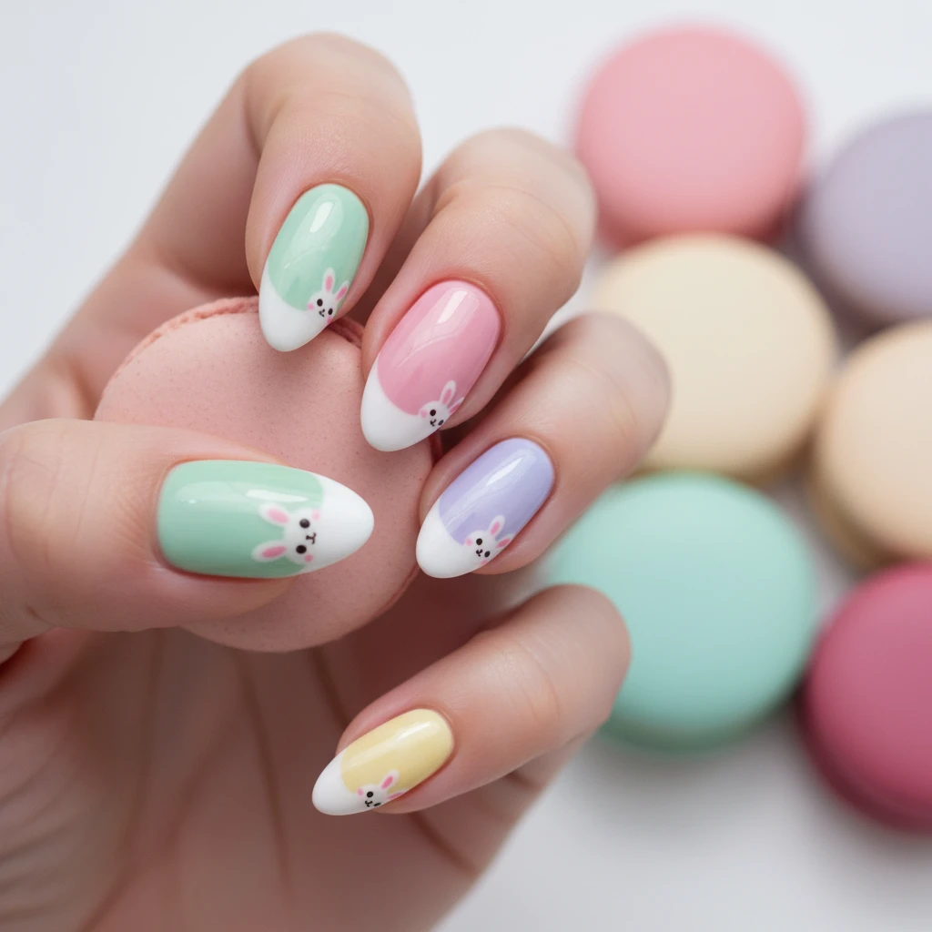 A beautiful macro photograph of one hand showing a detailed nail design featuring pastel French tips with tiny, adorable peekaboo bunny faces emerging from the edges. High-resolution, sharp focus on the nails. Aesthetic background of blurred, soft pastel macaron colors. Modern, Instagram-worthy photography style. No faces visible, focus ONLY on the nails and hand., macro nail photography, high quality, Instagram-worthy, clean composition