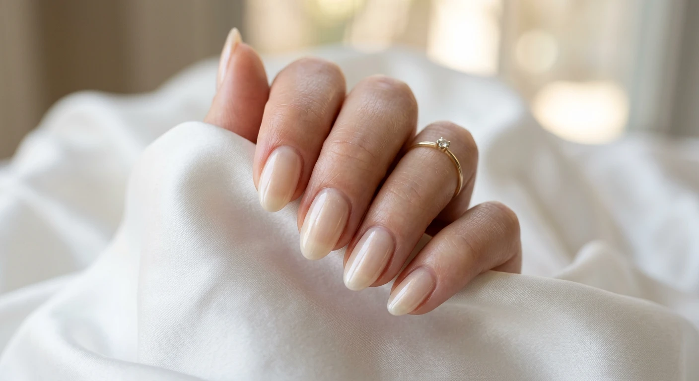 A beautiful macro photograph of one hand showing an elegant sheer vanilla glaze nail design in detail. High-resolution, sharp focus on the glossy, semi-transparent milky vanilla nails. Aesthetic background featuring draped soft white silk and bright, diffused spring morning sunlight. Modern, Instagram-worthy photography style. No faces visible, focus ONLY on the nails and hand., macro nail photography, high quality, Instagram-worthy, clean composition
