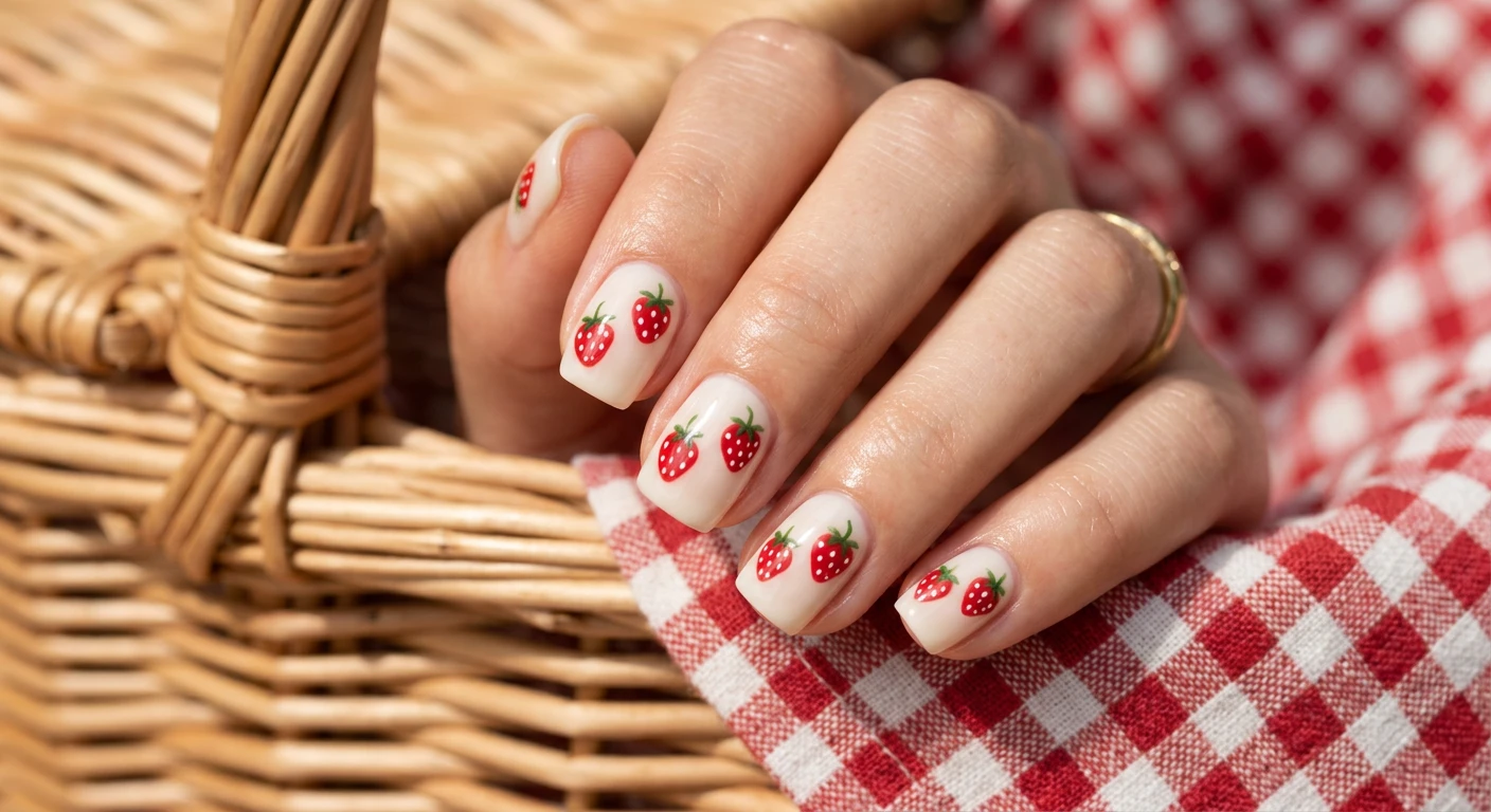 A beautiful macro photograph of one hand showing a nail design in detail, featuring short squoval nails with a soft, semi-sheer cream colored base. Each nail is decorated with two meticulously hand-painted bright red strawberries, complete with tiny green leaves and delicate white seed details, sealed with a glossy, glass-like top coat. High-resolution, sharp focus on the nails. Aesthetic background of a woven picnic basket and a soft red-and-white checkered blanket. Modern, Instagram-worthy photography style. No faces visible, focus solely on the nails and hand., macro nail photography, high quality, Instagram-worthy, clean composition