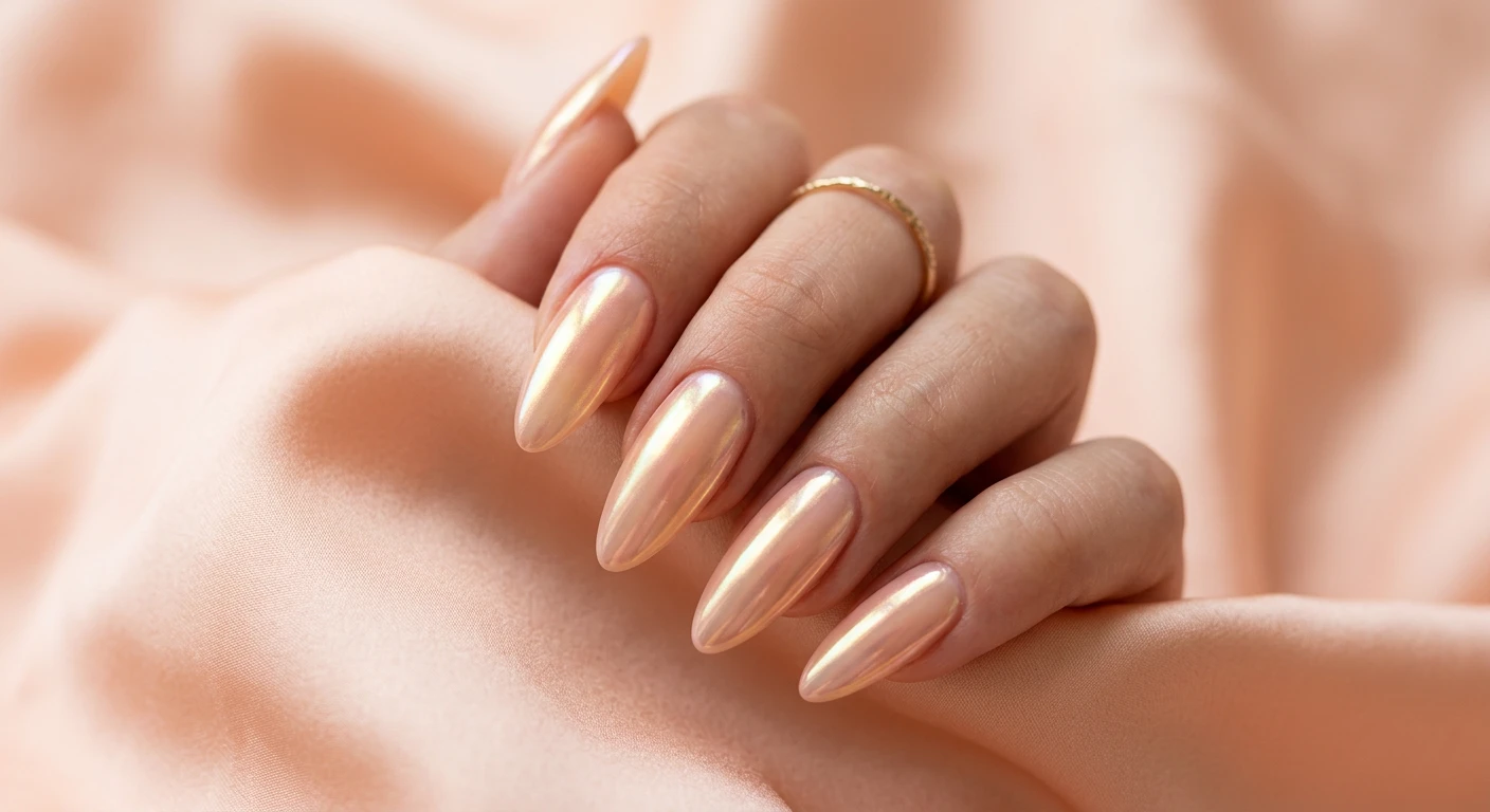 A beautiful macro photograph of one hand showing a nail design in detail, featuring long almond-shaped nails painted with a sheer, milky peach base and topped with a pearlescent chrome powder that reflects a soft gold and pink shift, finished with an ultra-glossy glass-like shine. High-resolution, sharp focus on the nails, set against an aesthetic background of softly draped peach silk. Modern, Instagram-worthy photography style, no faces visible, focus only on the nails and hand., macro nail photography, high quality, Instagram-worthy, clean composition