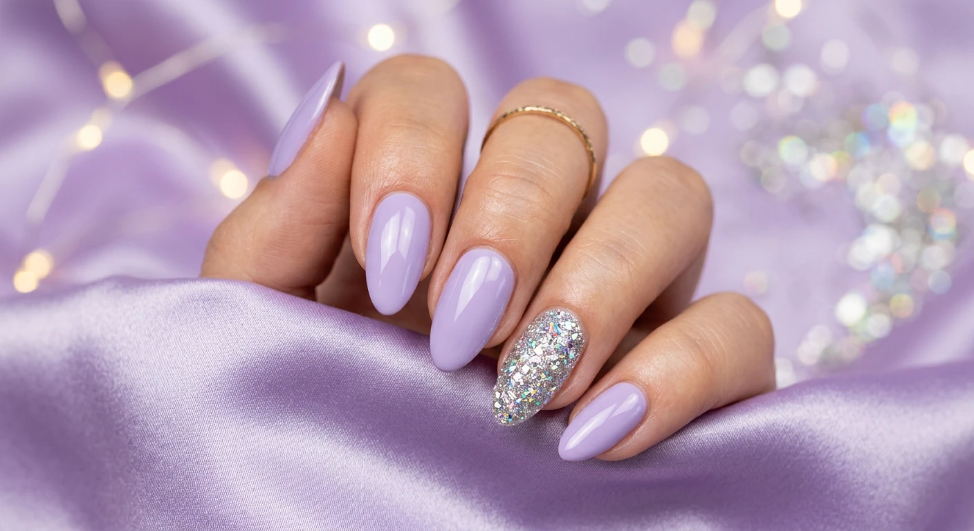 A beautiful macro photograph of one hand showing a flawless nail design in detail, no faces visible. Soft pastel lavender gel polish with a high-gloss top coat on the thumb, index, middle, and pinky fingers. The ring finger features a fully encrusted, heavily textured silver and holographic crushed diamond glitter accent. High-resolution, sharp focus on the nails. Modern, Instagram-worthy photography style, set against an aesthetic background of soft draped lavender silk and sparkling light bokeh., macro nail photography, high quality, Instagram-worthy, clean composition