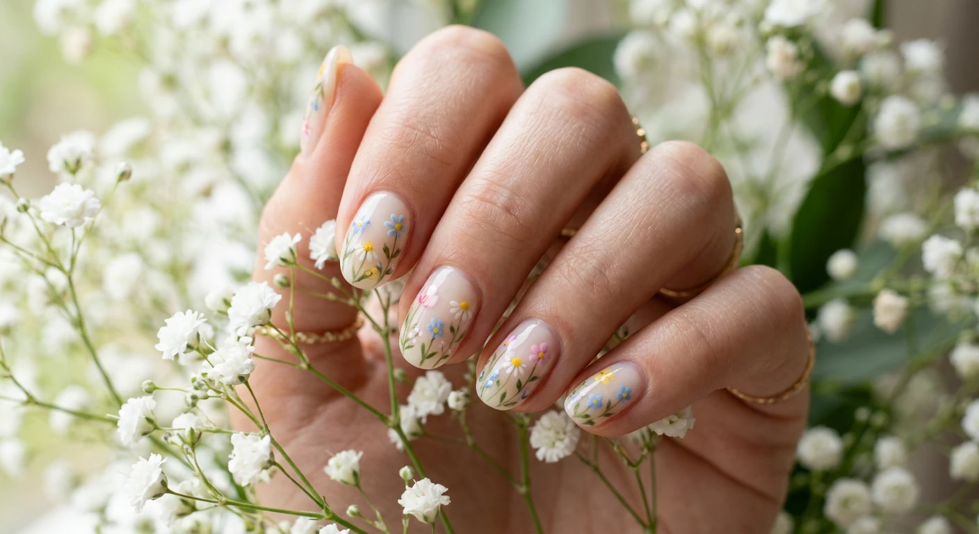 A beautiful macro photograph of one hand showing a nail design in detail, featuring a translucent, milky cream sheer base adorned with delicate, tiny hand-painted spring florals. High-resolution, sharp focus on the nails. The hand rests against a soft, aesthetic background of blurred baby's breath and fresh green stems. Modern, Instagram-worthy photography style. No faces visible, focus ONLY on the nails and hand., macro nail photography, high quality, Instagram-worthy, clean composition