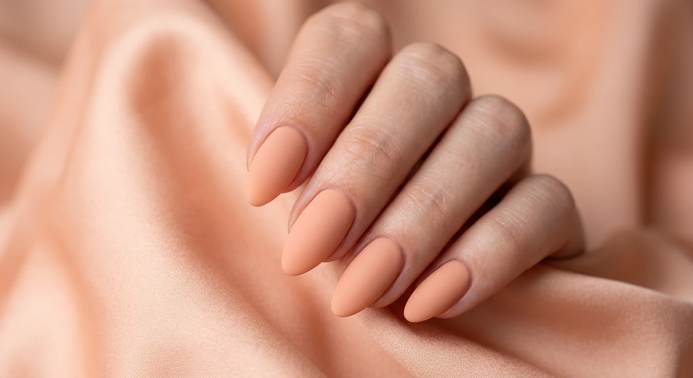 A beautiful macro photograph of one hand showing a nail design in detail, featuring a velvety matte, muted peach base color on medium almond-shaped nails. The finish is perfectly smooth and solid, mimicking the soft, fuzzy skin of a freshly ripened peach, with no extra embellishments. High-resolution, sharp focus on the nails. Aesthetic background with soft, draped peach-toned silk. Modern, Instagram-worthy photography style. No faces visible, focus ONLY on the nails and hand., macro nail photography, high quality, Instagram-worthy, clean composition