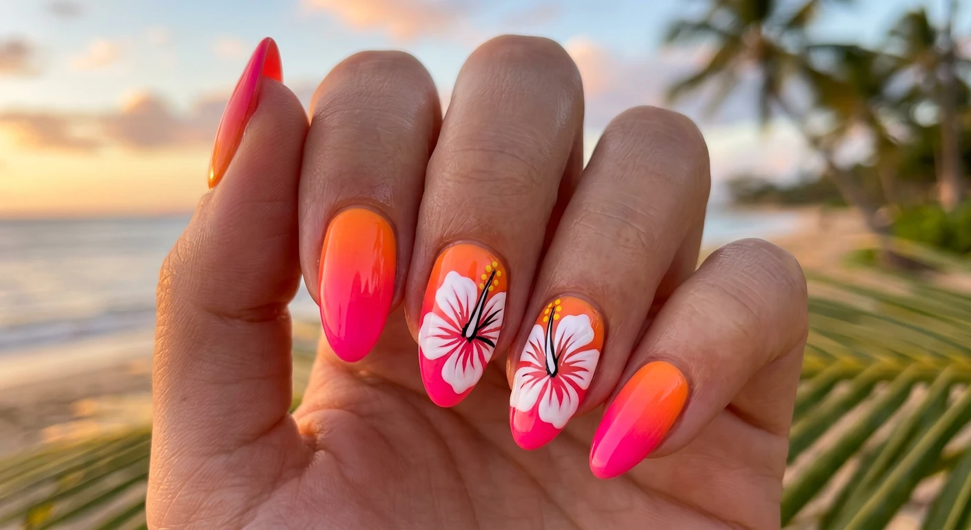A beautiful macro photograph of one hand showing a Neon Hibiscus Sunset nail design in detail. The nails feature a blazing neon orange and hot pink ombre gradient base seamlessly blended in the center. The ring and middle fingers are decorated with intricate, hand-painted crisp white hibiscus flowers with delicate sweeping petals and tiny yellow pollen dots. High-resolution, sharp focus on the nails. The hand rests against an aesthetic, softly blurred tropical sunset beach background. Modern, Instagram-worthy photography style. No faces visible, focus ONLY on the nails and hand., macro nail photography, high quality, Instagram-worthy, clean composition