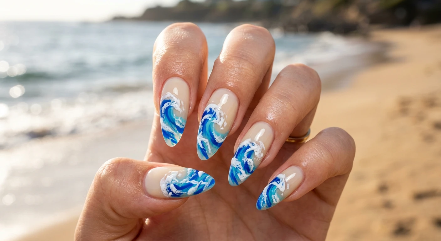 A beautiful macro photograph of one hand showing a nail design in detail. Long almond-shaped nails feature a sheer cream base with vibrant cobalt blue and aqua swirls washing diagonally from the cuticle to the tip. Bright white textured foam accents create a realistic 3D crashing wave effect, sealed under a highly reflective, glossy top coat. The background is a blurred, aesthetic sunlit beach. High-resolution, sharp focus on the nails, modern Instagram-worthy photography style, no faces visible., macro nail photography, high quality, Instagram-worthy, clean composition