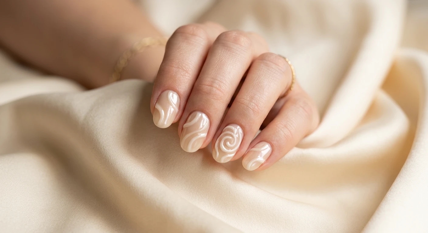 A beautiful macro photograph of one hand showing a Vanilla Glazed Donut Swirls nail design in detail. The nails feature a sheer, milky beige base topped with glossy, pearlescent off-white 3D swirls. High-resolution, sharp focus on the nails. The aesthetic background features softly draped warm cream silk fabric catching gentle light. Modern, Instagram-worthy photography style. No faces visible, focus ONLY on the nails and hand., macro nail photography, high quality, Instagram-worthy, clean composition
